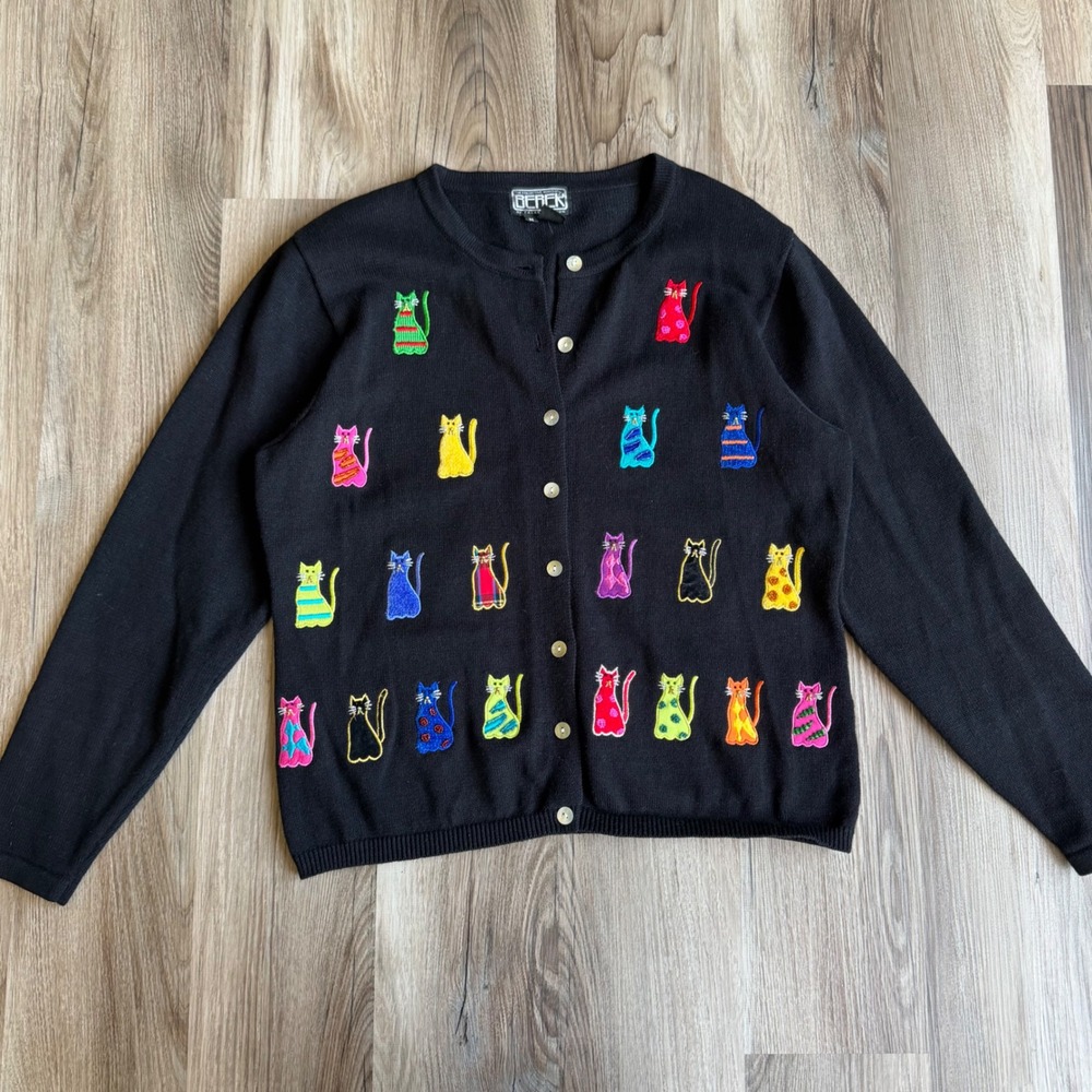 Vintage Black Embroidered Cat Cardigan Sweater M Berek Takako Sakon